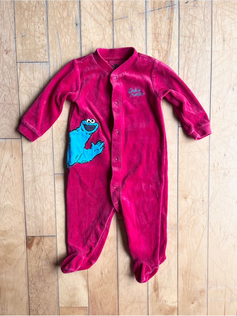 Sesame Street Early 2010s Cookie Monster Red Velour Footed Pajamas Baby Size 6M